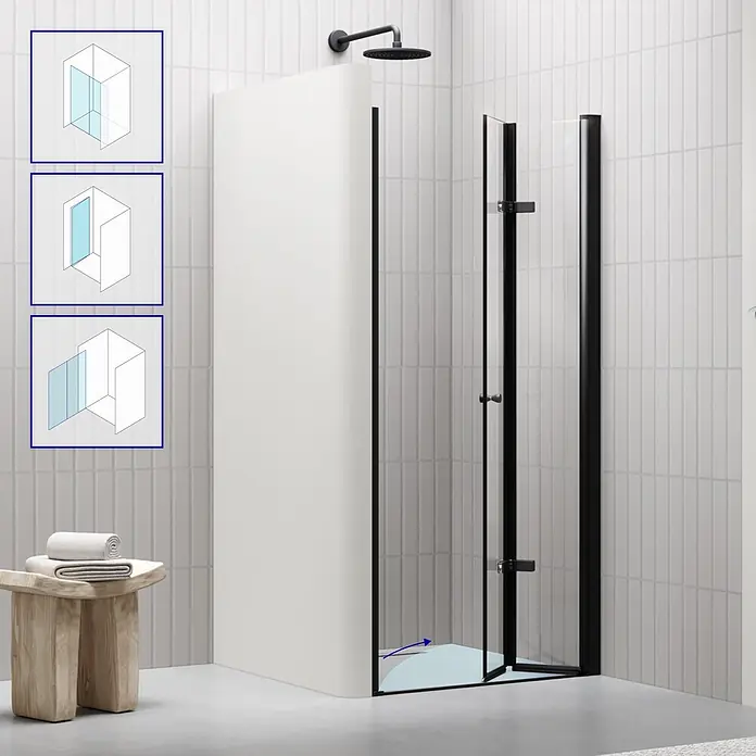 i-flair Dusch-Falttür DT822CB84 - Beschichtet, Schwarz, Glasstärke: 6 mm - Duschkabine mit schwarzem Rahmen und Klarglas in modernem Bad, mit Diagrammen für Eck-, Wand- und Nischenmontage.
