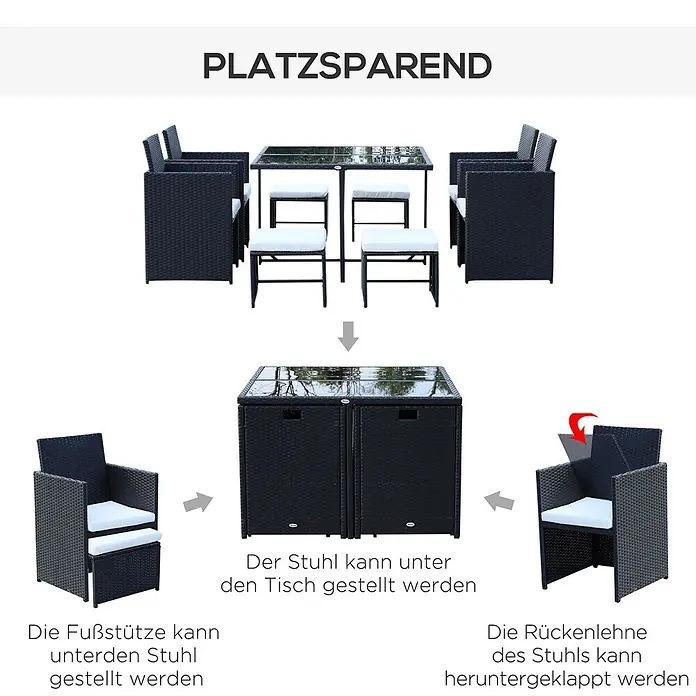Outsunny Gartentisch-Set 9-tlg. inkl. Sitz- und Rückenkissen - Gesamtumfang: 9 -tlg., Polyrattan, Metall, Polyester - Dunkle Polyrattan-Gartenmöbel mit platzsparendem Design; Fußstützen passen unter Stühle, Stühle unter den Tisch, Rückenlehnen klappbar für kompakte Lagerung.