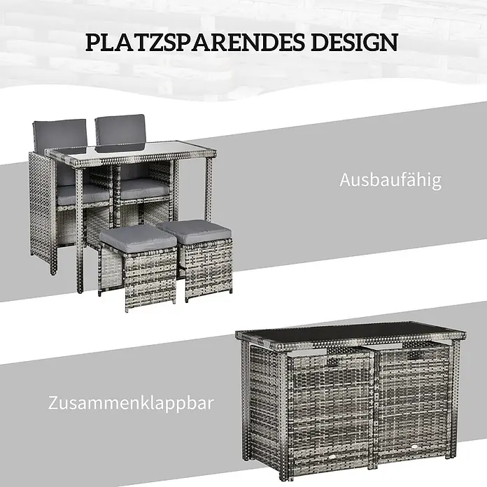 Outsunny Gartentisch-Set 5-tlg. mit Tisch - Gesamtumfang: 5 -tlg., PE Polyrattan, Metall, Hartglas, Polyester - Graue Rattan-Gartenmöbelgruppe; ausgezogen mit Tisch, Stühlen und Hockern, und kompakt zu einem Würfel ineinandergeschoben.