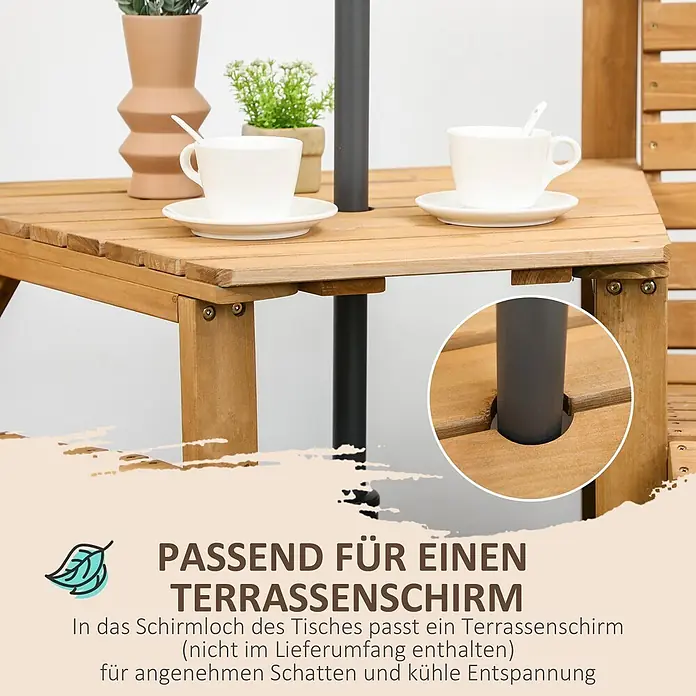 Outsunny Gartentisch-Set - Gesamtumfang: 1 -tlg., L x B x H: 66 x 65 x 90 cm, Tannenholz - Robuster Holztisch aus Holzlatten mit Schirmloch für Terrassenschirm, darauf Tassen und Pflanze.