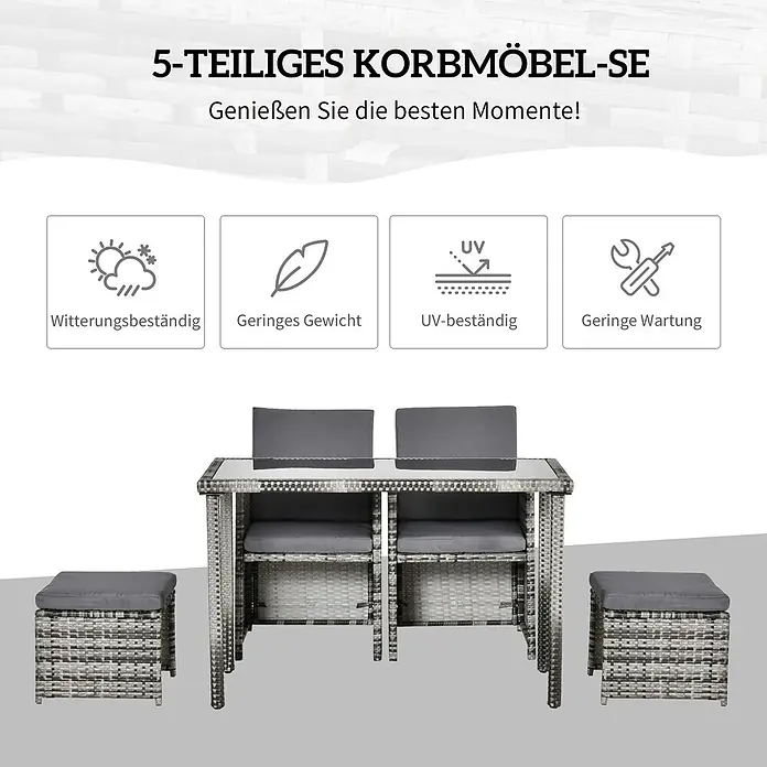Outsunny Gartentisch-Set 5-tlg. mit Tisch - Gesamtumfang: 5 -tlg., PE Polyrattan, Metall, Hartglas, Polyester - Ein 5-teiliges Gartenset aus grauem Rattan mit Glastisch, zwei Stühlen und zwei Hockern, alle mit grauen Kissen.