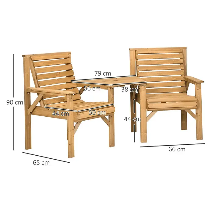 Outsunny Gartentisch-Set - Gesamtumfang: 1 -tlg., L x B x H: 66 x 65 x 90 cm, Tannenholz - Gartenset aus Holz mit zwei Stühlen und integriertem Tisch. Verschiedene Maße sind angegeben.