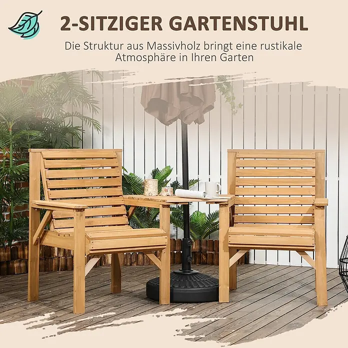 Outsunny Gartentisch-Set - Gesamtumfang: 1 -tlg., L x B x H: 66 x 65 x 90 cm, Tannenholz - Zweisitziger Gartenstuhl aus Massivholz mit integriertem Tisch, auf einer Terrasse.
