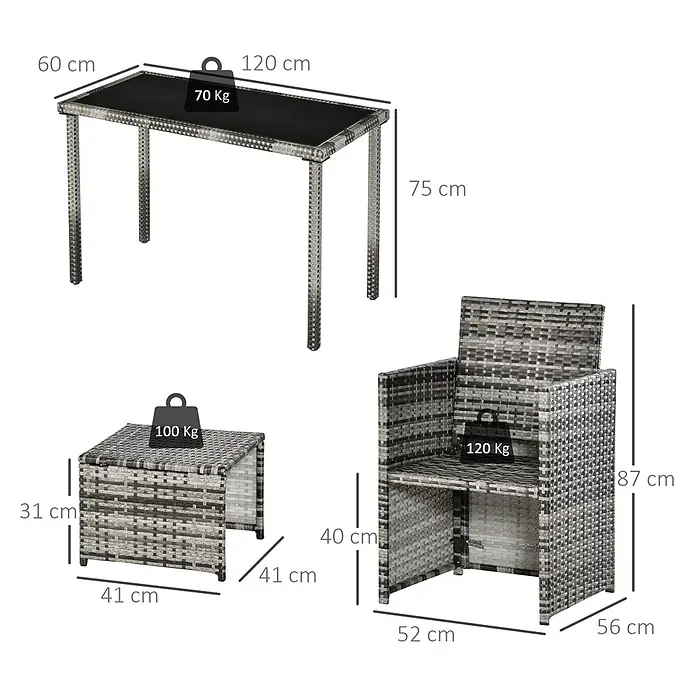 Outsunny Gartentisch-Set 5-tlg. mit Tisch - Gesamtumfang: 5 -tlg., PE Polyrattan, Metall, Hartglas, Polyester - Graues Rattan-Gartenmöbelset mit rechteckigem Esstisch, Sessel und quadratischem Beistelltisch.