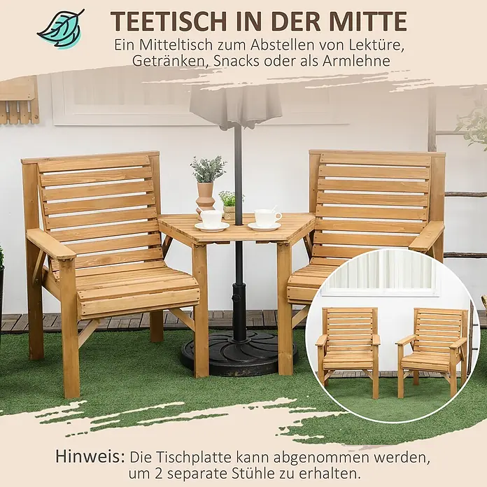Outsunny Gartentisch-Set - Gesamtumfang: 1 -tlg., L x B x H: 66 x 65 x 90 cm, Tannenholz - Hölzerne Garten-Bistrogarnitur mit zwei Stühlen und abnehmbarem Mitteltisch für entspannte Stunden im Freien.