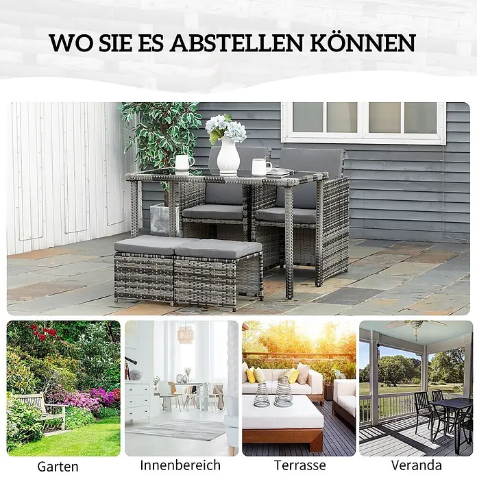 Outsunny Gartentisch-Set 5-tlg. mit Tisch - Gesamtumfang: 5 -tlg., PE Polyrattan, Metall, Hartglas, Polyester - Graues Polyrattan-Gartenmöbelset mit Tisch, Stühlen und Hockern, gezeigt in verschiedenen Außen- und Innenbereichen.