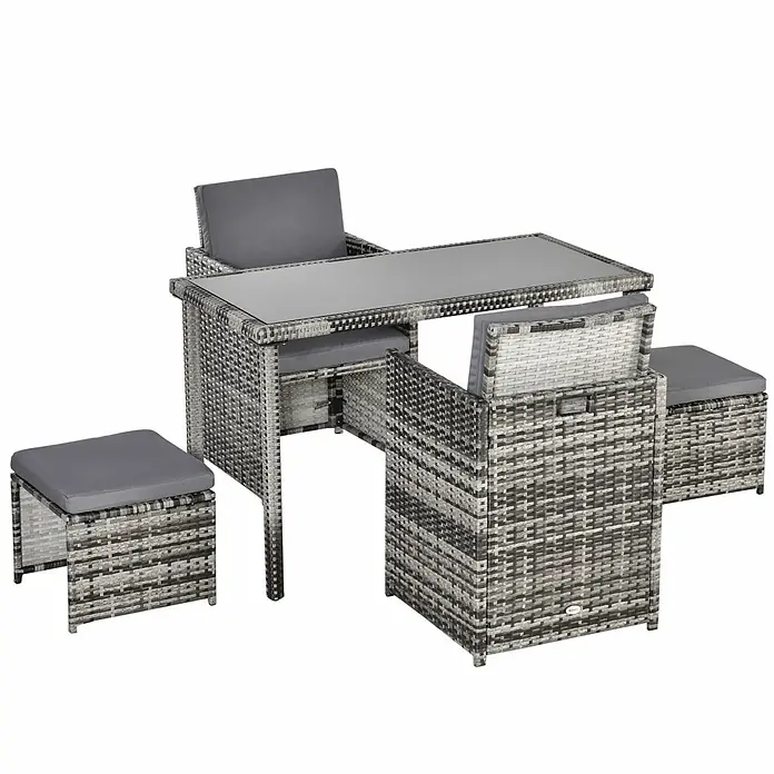 Outsunny Gartentisch-Set 5-tlg. mit Tisch - Gesamtumfang: 5 -tlg., PE Polyrattan, Metall, Hartglas, Polyester - Kompaktes 5-teiliges graues Rattan-Gartenset mit Glastisch, zwei Stühlen und zwei Hockern mit grauen Kissen.