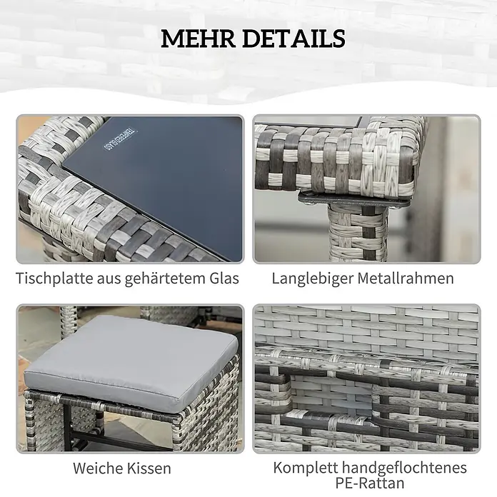 Outsunny Gartentisch-Set 5-tlg. mit Tisch - Gesamtumfang: 5 -tlg., PE Polyrattan, Metall, Hartglas, Polyester - Details eines Gartenmöbel-Sets: Tischplatte aus gehärtetem Glas, langlebiger Metallrahmen, weiche Kissen und handgeflochtenes PE-Rattan.