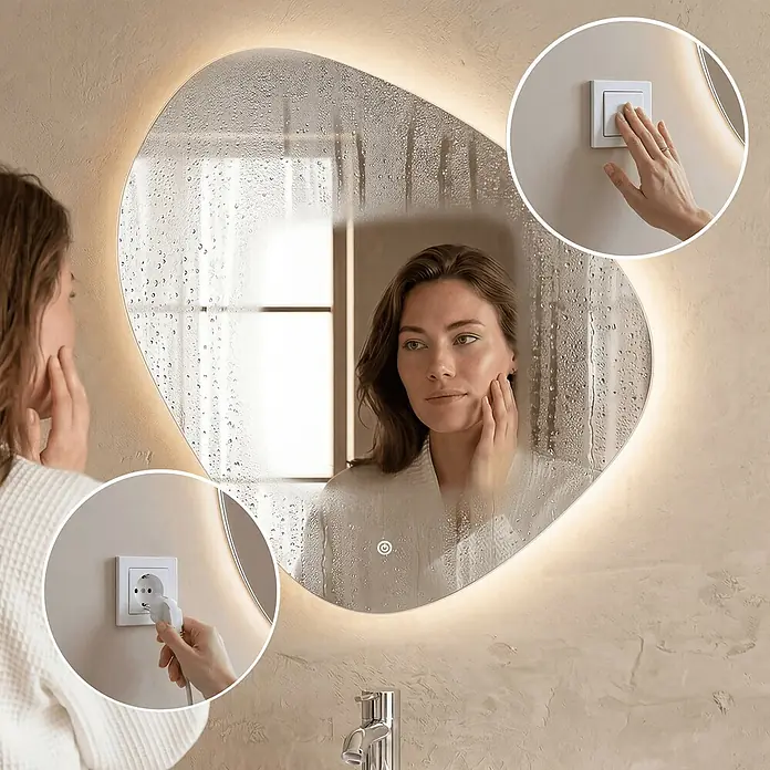 LOMAZOO Lichtspiegel LMZ-ZURICH - Durchmesser: 80 cm, Glänzend weiß - Frau benutzt beleuchteten Anti-Beschlag-Badezimmerspiegel in unregelmäßiger Form mit integrierter Steckdose.