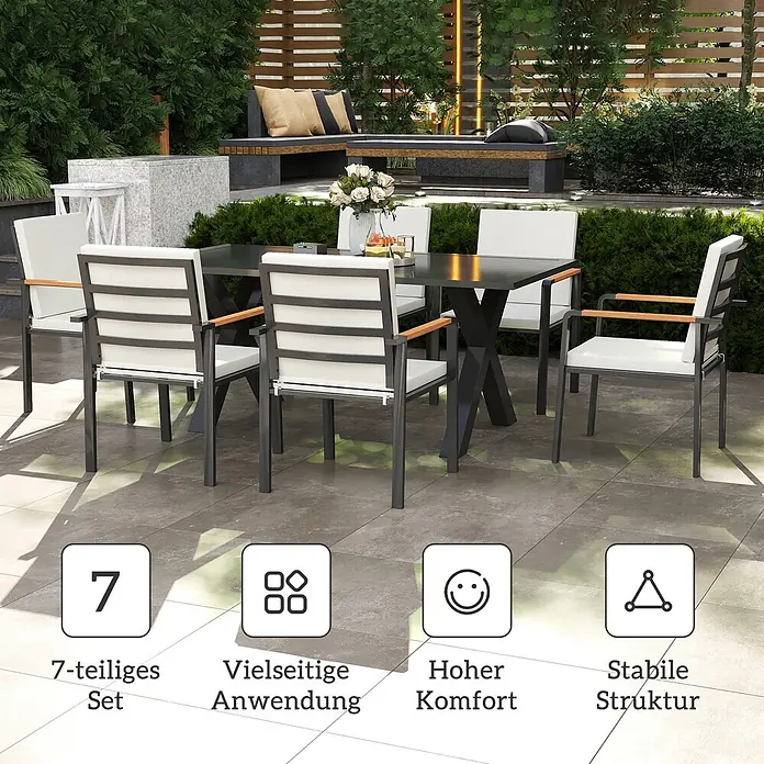 Outsunny Gartentisch-Set - Gesamtumfang: 7 -tlg., Aluminium, Kunststoff, Polyester - Ein 7-teiliges Outdoor-Esszimmer-Set mit einem dunkelgrauen Tisch und sechs Stühlen mit dunkelgrauen Gestellen, weißen Kissen und Holzarmlehnen auf einer Terrasse.