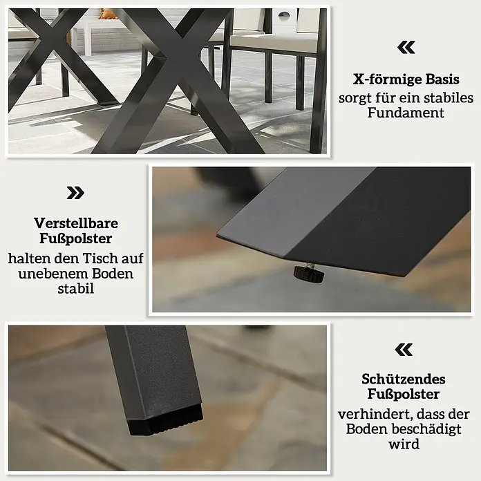 Outsunny Gartentisch-Set - Gesamtumfang: 7 -tlg., Aluminium, Kunststoff, Polyester - Schwarzes Metall-Tischgestell mit X-förmigen Beinen, verstellbaren Füßen für Stabilität auf unebenem Untergrund und Schutzpolstern gegen Bodenschäden.
