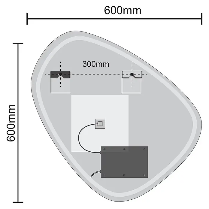 LOMAZOO Lichtspiegel LMZ-GENEVA - 60 x 60 cm, Durchmesser: 60 cm, Glänzend weiß - Rückseite eines 600x600mm Spiegels mit abgerundeten Ecken, mit 300mm Montagepunkten, Entfeuchterpad und Elektrobox.
