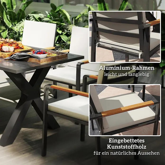 Outsunny Gartentisch-Set - Gesamtumfang: 7 -tlg., Aluminium, Kunststoff, Polyester - Gartensitzgruppe mit dunkelgrauem Aluminiumrahmen, cremefarbenen Kissen und Armlehnen aus Kunststoffholz.
