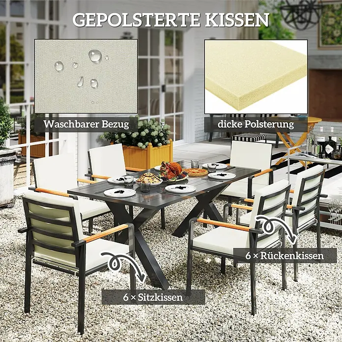 Outsunny Gartentisch-Set - Gesamtumfang: 7 -tlg., Aluminium, Kunststoff, Polyester - Gartenessgruppe mit dunklem Tisch und sechs Stühlen mit hellen, waschbaren, dick gepolsterten Kissen auf Kiesterrasse.