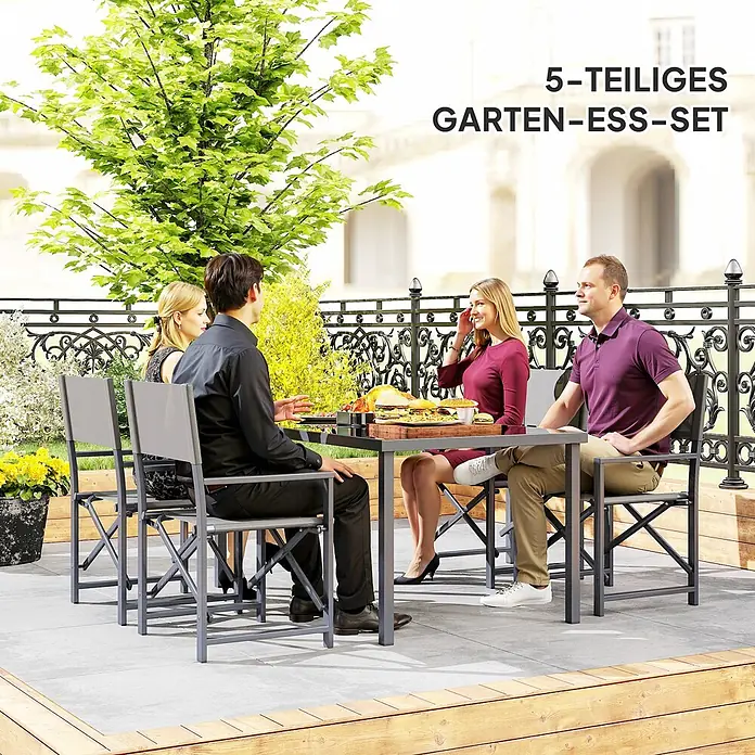 Outsunny Gartentisch-Set - Gesamtumfang: 5 -tlg., L x B x H: 150 x 90 x 72 cm, Stahl, Textilene, Gehärtetes Glas - Graues 5-teiliges Garten-Ess-Set mit Tisch und vier Stühlen, von vier Personen für eine Mahlzeit im Freien genutzt.