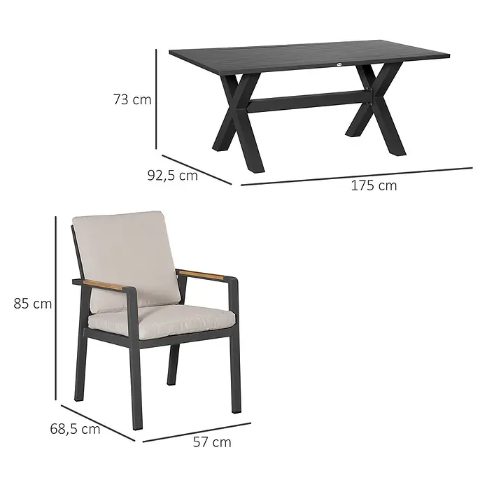 Outsunny Gartentisch-Set - Gesamtumfang: 7 -tlg., Aluminium, Kunststoff, Polyester - Dunkelgrauer Metall-Terrassentisch mit X-Beinen und passendem Sessel mit hellen Kissen und Holzarmlehnen, Maße angezeigt.