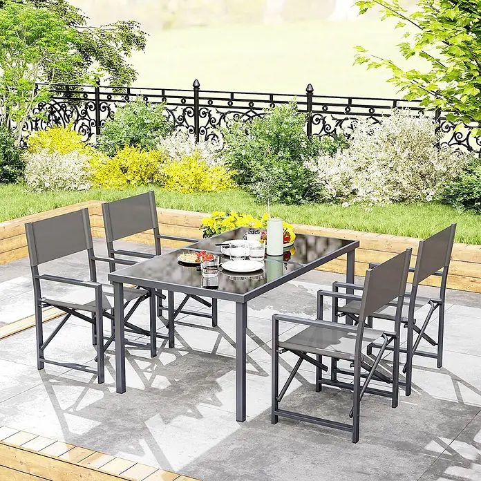 Outsunny Gartentisch-Set - Gesamtumfang: 5 -tlg., L x B x H: 150 x 90 x 72 cm, Stahl, Textilene, Gehärtetes Glas - Graues Metall-Gartenmöbelset mit Glastisch und vier Stoffstühlen auf einer Terrasse.