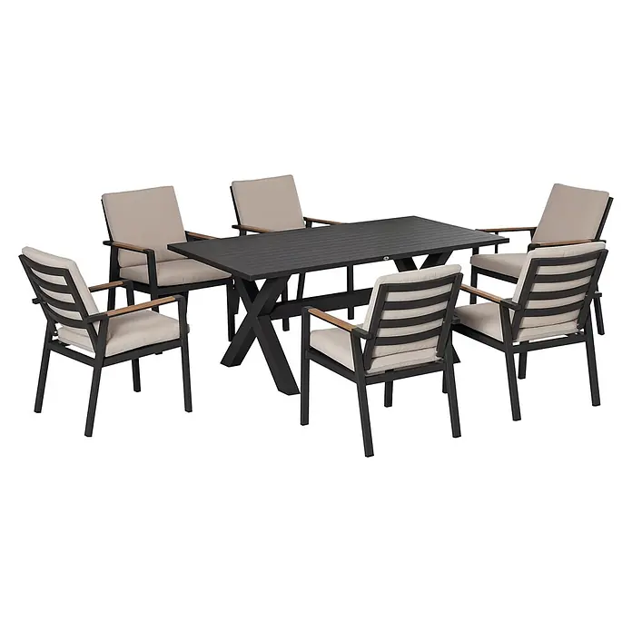 Outsunny Gartentisch-Set - Gesamtumfang: 7 -tlg., Aluminium, Kunststoff, Polyester - Dunkelgraues Outdoor-Essgruppe mit rechteckigem Tisch und sechs Stühlen mit hellbeigen Polstern und Holzarmlehnen.