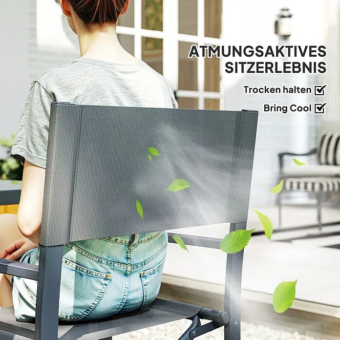 Outsunny Gartentisch-Set - Gesamtumfang: 5 -tlg., L x B x H: 150 x 90 x 72 cm, Stahl, Textilene, Gehärtetes Glas - Eine Person sitzt auf einem grauen, atmungsaktiven Netzstuhl, der Kühlung und schnelles Trocknen bietet.