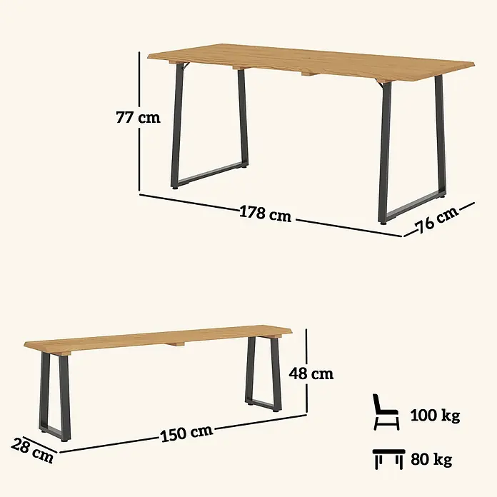 Outsunny Gartentisch-Set - Gesamtumfang: 3 -tlg., Stahl, Tannenholz - Heller Holztisch (178x76x77cm, 100kg Belastung) und passende Bank (150x28x48cm, 80kg Belastung) mit schwarzen Metallbeinen.