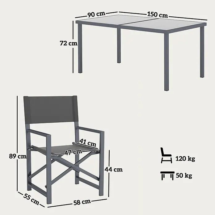Outsunny Gartentisch-Set - Gesamtumfang: 5 -tlg., L x B x H: 150 x 90 x 72 cm, Stahl, Textilene, Gehärtetes Glas - Dunkelgrauer rechteckiger Gartentisch und passender Klappstuhl mit Maßen und Gewichtsgrenzen.