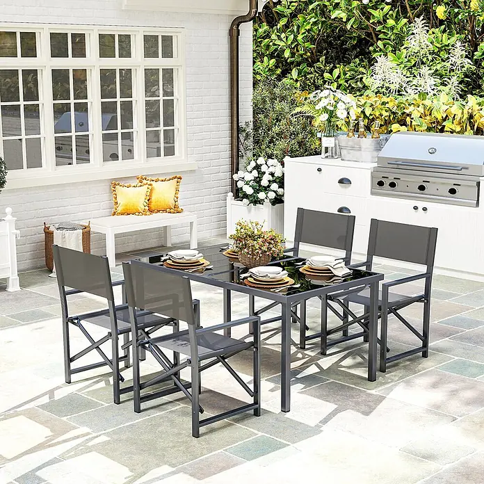 Outsunny Gartentisch-Set - Gesamtumfang: 5 -tlg., L x B x H: 150 x 90 x 72 cm, Stahl, Textilene, Gehärtetes Glas - Dunkelgraues Outdoor-Essset mit schwarzem Glastisch und passenden Stühlen, auf einer Terrasse für Mahlzeiten im Freien.