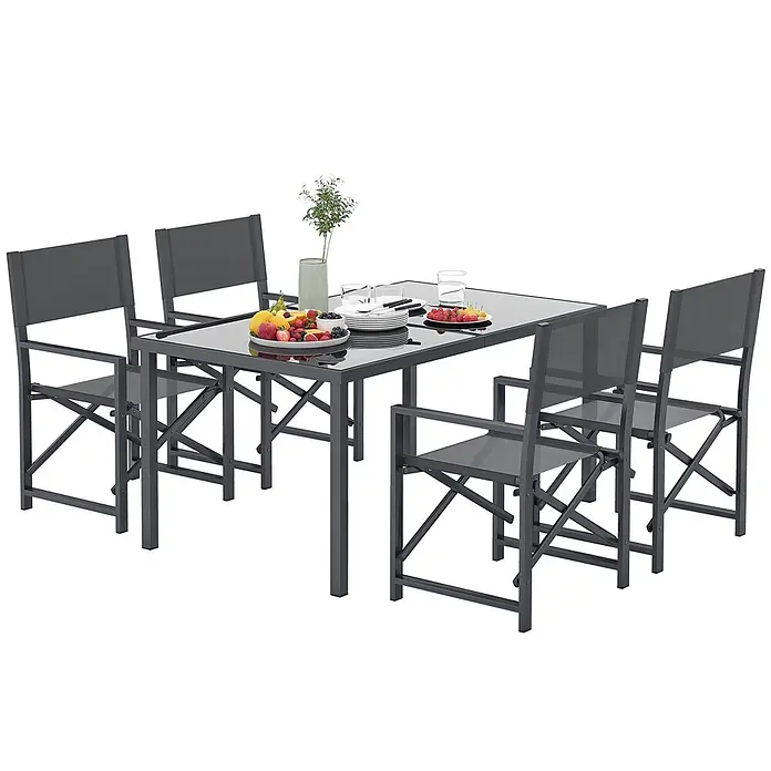 Outsunny Gartentisch-Set - Gesamtumfang: 5 -tlg., L x B x H: 150 x 90 x 72 cm, Stahl, Textilene, Gehärtetes Glas - Dunkelgraues Outdoor-Essset mit Glastisch und sechs passenden Stühlen, einige mit Armlehnen, gedeckt mit Geschirr und Obst.