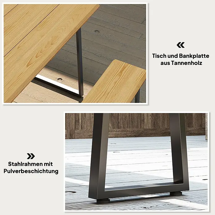 Outsunny Gartentisch-Set - Gesamtumfang: 3 -tlg., Stahl, Tannenholz - Tisch und Bank mit hellen Tannenholzplatten und dunklem, pulverbeschichtetem Stahlrahmen.