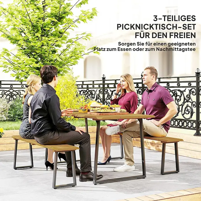 Outsunny Gartentisch-Set - Gesamtumfang: 3 -tlg., Stahl, Tannenholz - 3-teiliges Picknicktisch-Set aus Holz und Metall, mit Tisch und zwei Bänken, im Freien genutzt.