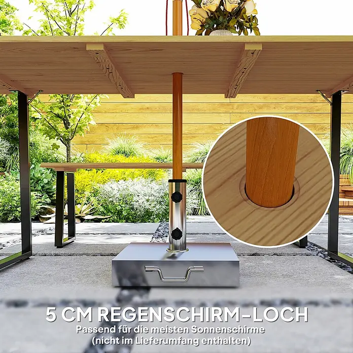 Outsunny Gartentisch-Set - Gesamtumfang: 3 -tlg., Stahl, Tannenholz - Holz-Terrassentisch mit 5 cm Schirmloch für die meisten Sonnenschirme (nicht enthalten), in Gartenumgebung.