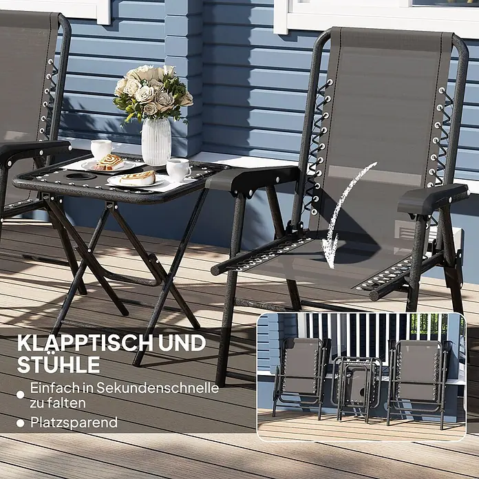 Outsunny Gartentisch-Set - Gesamtumfang: 3 -tlg., L x B x H: 65 x 61 x 91 cm, Stahl, Netzstoff, Klappbar - Zwei dunkelgraue Zero-Gravity-Klappstühle und passender Klapptisch auf einer Terrasse, mit einer Einblendung der zusammengeklappten Möbel.