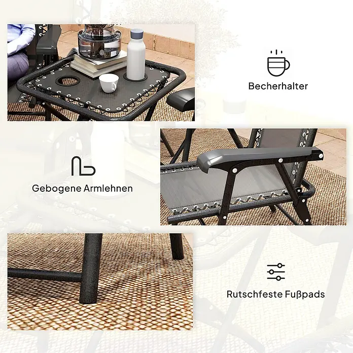 Outsunny Gartentisch-Set - Gesamtumfang: 3 -tlg., L x B x H: 65 x 61 x 91 cm, Stahl, Netzstoff, Klappbar - Schwarzer Zero-Gravity-Stuhl mit integriertem Beistelltisch mit Becherhaltern, gebogenen Armlehnen und rutschfesten Fußpads auf einem Teppich im Freien.