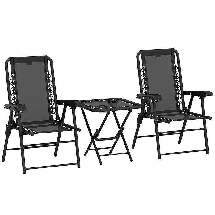 Outsunny Gartentisch-Set - Gesamtumfang: 3 -tlg., L x B x H: 65 x 61 x 91 cm, Stahl, Netzstoff, Klappbar - Set aus zwei schwarzen Schwerelosigkeitsstühlen mit Netzgewebe und passendem Klapptisch mit Getränkehaltern.