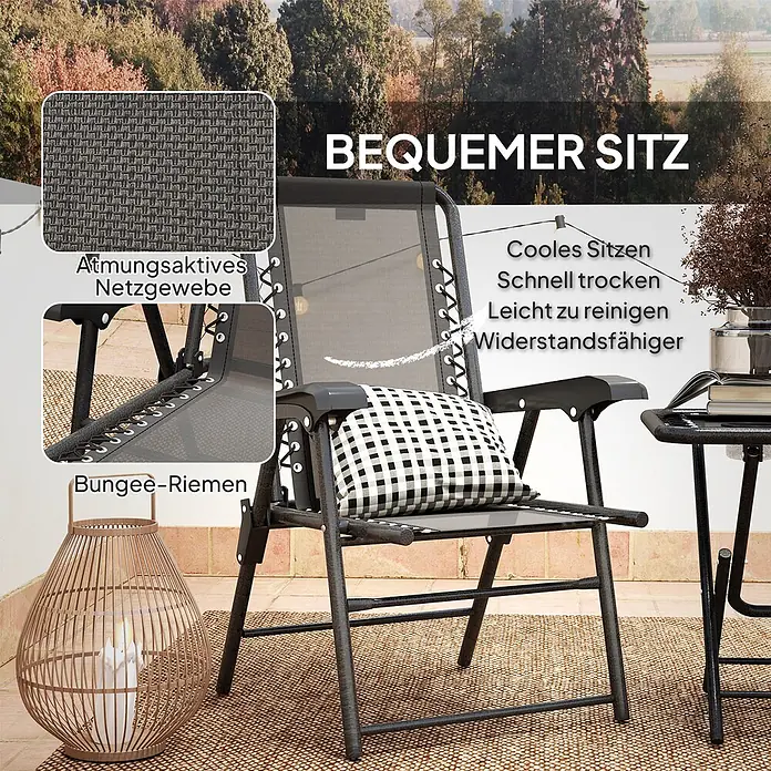 Outsunny Gartentisch-Set - Gesamtumfang: 3 -tlg., L x B x H: 65 x 61 x 91 cm, Stahl, Netzstoff, Klappbar - Dunkelgrauer Relaxsessel mit atmungsaktivem Netzgewebe, Bungee-Riemen und kariertem Kissen auf einer Terrasse.
