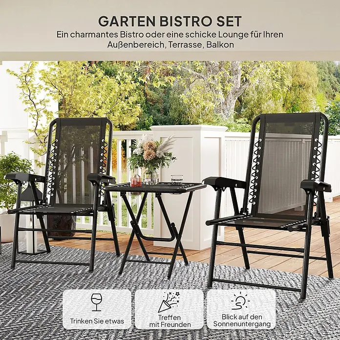 Outsunny Gartentisch-Set - Gesamtumfang: 3 -tlg., L x B x H: 65 x 61 x 91 cm, Stahl, Netzstoff, Klappbar - Schwarzes Garten-Bistro-Set mit zwei Zero-Gravity-Stühlen und Klapptisch auf einer Terrasse. Ideal für Entspannung im Freien.