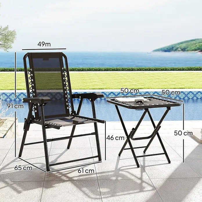 Outsunny Gartentisch-Set - Gesamtumfang: 3 -tlg., L x B x H: 65 x 61 x 91 cm, Stahl, Netzstoff, Klappbar - Schwarzer klappbarer Relaxsessel und passender Beistelltisch mit Maßen am Pool.