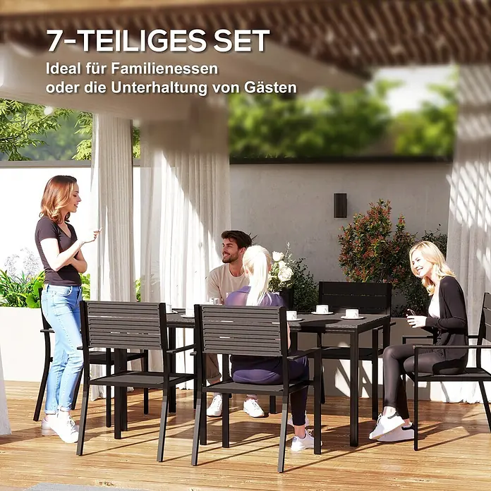 Outsunny Gartentisch-Set - Gesamtumfang: 7 -tlg., L x B x H: 160 x 80 x 74 cm, Stahl, HDPE - Dunkelgraues 7-teiliges Outdoor-Essset mit Lattenstühlen und Tisch, auf einer Terrasse zum Beisammensein genutzt.