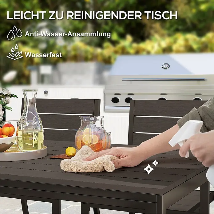 Outsunny Gartentisch-Set - Gesamtumfang: 7 -tlg., L x B x H: 160 x 80 x 74 cm, Stahl, HDPE - Dunkelbrauner Lamellen-Außentisch wird gereinigt, mit Fokus auf einfache Reinigung und Wasserdichtigkeit.