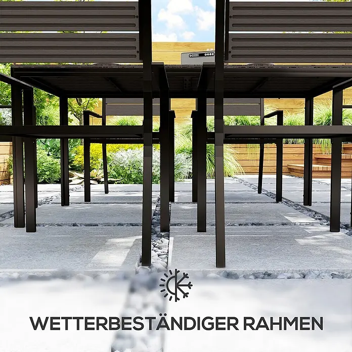 Outsunny Gartentisch-Set - Gesamtumfang: 7 -tlg., L x B x H: 160 x 80 x 74 cm, Stahl, HDPE - Dunkles, wetterbeständiges Gestell eines Outdoor-Esssets auf einer Terrasse mit Grün.