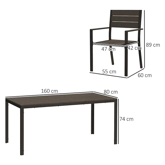 Outsunny Gartentisch-Set - Gesamtumfang: 7 -tlg., L x B x H: 160 x 80 x 74 cm, Stahl, HDPE - Dunkelbrauner, lattenförmiger Esstisch (160x80x74 cm) und passender Sessel (89 cm hoch) mit Maßen.