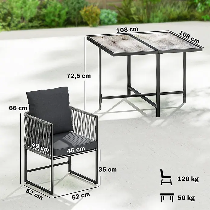 Outsunny Gartentisch-Set - Gesamtumfang: 5 -tlg., L x B x H: 108 x 108 x 72,5 cm, Stahl, DPC, PE-Rattan, Polyester - Schwarzes Outdoor-Esstischset aus Metall mit Seilstuhl, grauen Kissen und Holzoptik-Glastisch, Maße angegeben.