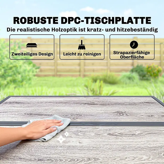 Outsunny Gartentisch-Set - Gesamtumfang: 5 -tlg., L x B x H: 108 x 108 x 72,5 cm, Stahl, DPC, PE-Rattan, Polyester - Eine Hand reinigt eine robuste, zweiteilige DPC-Tischplatte in realistischer Holzoptik, die kratz- und hitzebeständig ist.