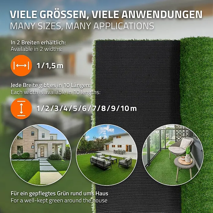 ECD Germany Kunstrasen Kunstrasen-Rolle Meterware Kunstgras wetterfest 150x100 cm 1,5m² - 4 Grüntöne - Kunstrasen, gerollt und installiert in Garten, Terrasse, Balkon, zeigt Größen (1/1,5m Breite, 1-10m Länge) und Anwendungen.