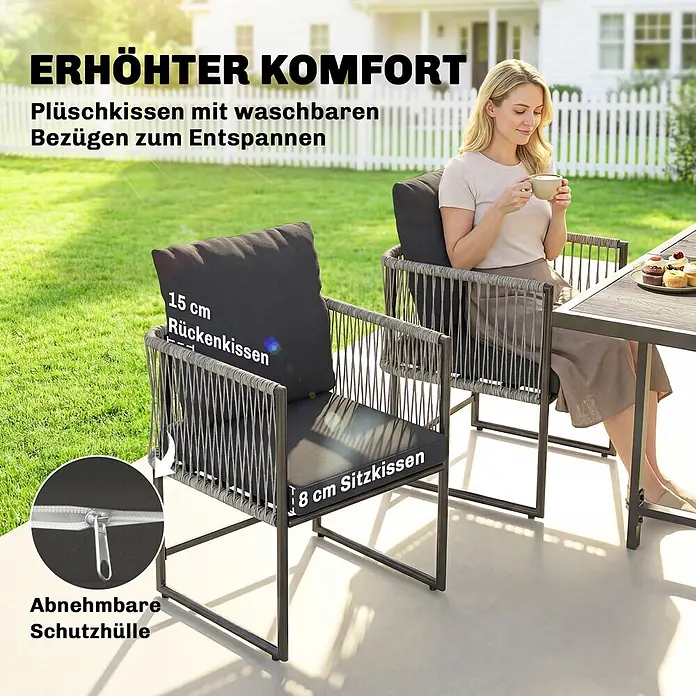 Outsunny Gartentisch-Set - Gesamtumfang: 5 -tlg., L x B x H: 108 x 108 x 72,5 cm, Stahl, DPC, PE-Rattan, Polyester - Dunkelgraue Outdoor-Stühle mit Kissen (8 cm Sitz, 15 cm Rücken) und abnehmbaren, waschbaren Bezügen.