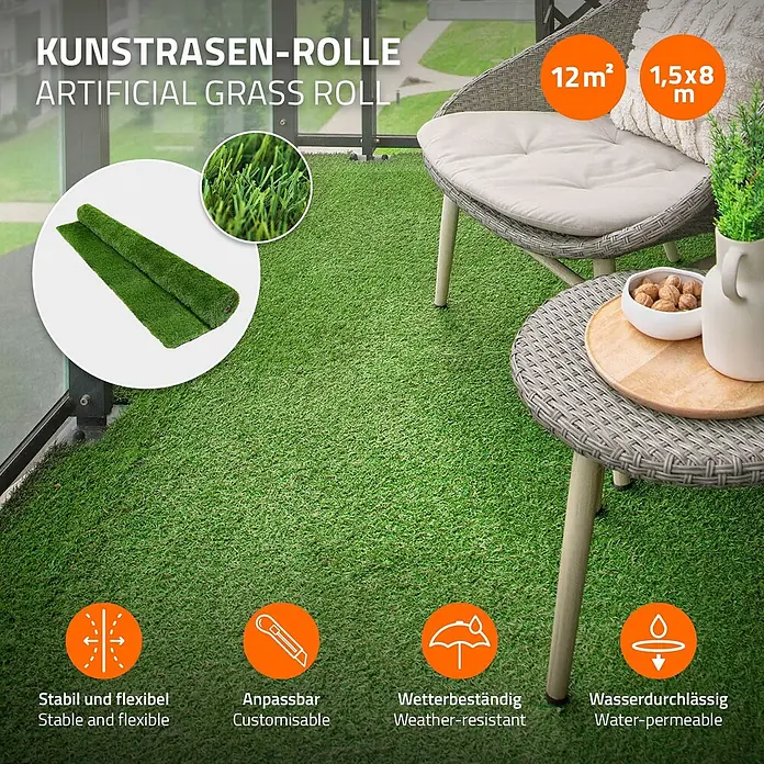 ECD Germany Kunstrasen Kunstrasen-Rolle Kunstgras Florhöhe 35mm wetterfest 150x800cm 12m² - 4 Grüntöne - Grüne Kunstrasen-Rolle auf Balkon, flexibel, wetterbeständig und wasserdurchlässig. Maße: 12m² (1,5x8m).