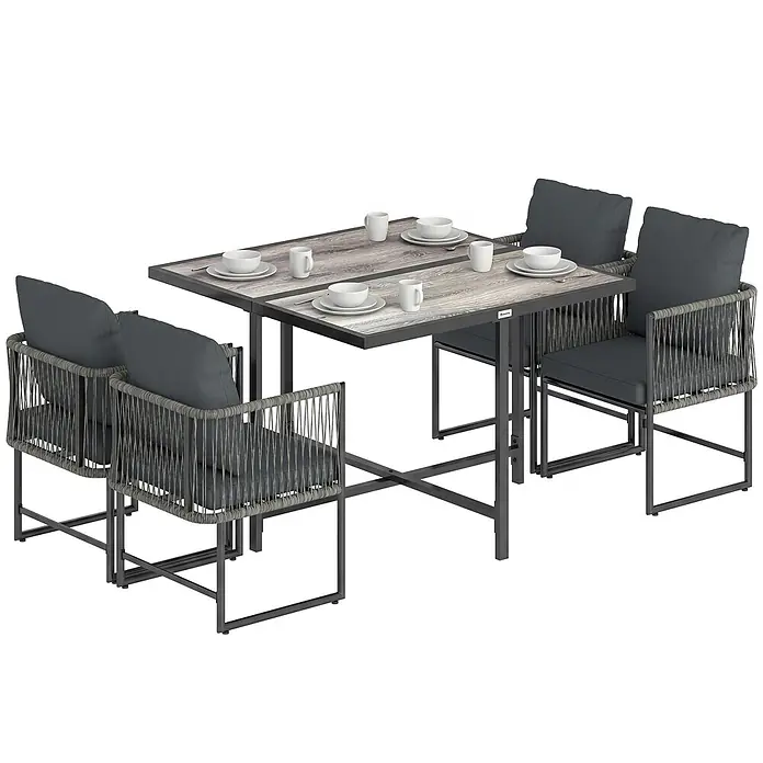 Outsunny Gartentisch-Set - Gesamtumfang: 5 -tlg., L x B x H: 108 x 108 x 72,5 cm, Stahl, DPC, PE-Rattan, Polyester - Gartensitzgruppe: Tisch in Holzoptik und vier Stühle mit anthrazitfarbenen Kissen, Seilgeflecht und Metallrahmen.