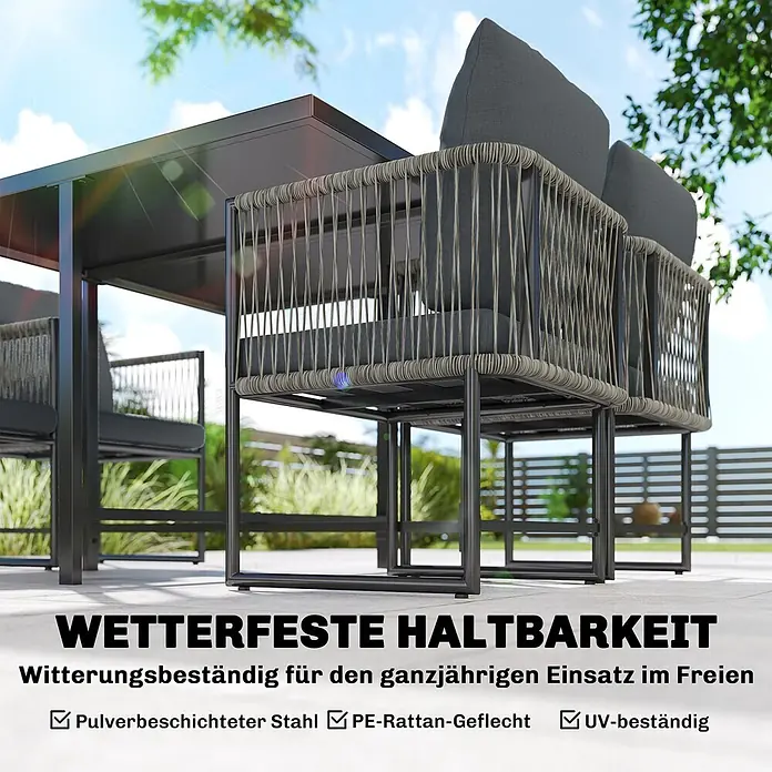 Outsunny Gartentisch-Set - Gesamtumfang: 5 -tlg., L x B x H: 108 x 108 x 72,5 cm, Stahl, DPC, PE-Rattan, Polyester - Wetterfeste, dunkelgraue Gartensitzgruppe aus pulverbeschichtetem Stahl und PE-Rattan-Geflecht im Freien.