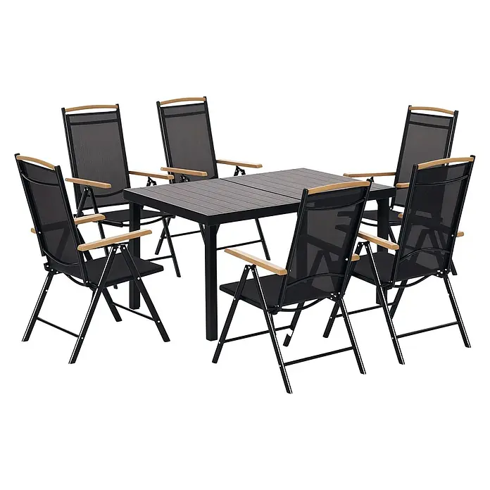 Outsunny Gartentisch-Set - Gesamtumfang: 7 -tlg., Aluminium, Kunststoff, Texteline, Klappbar - Schwarzes Outdoor-Essgruppe aus Metall mit Lattenrosttisch und sechs Netzstühlen mit Holzarmlehnen.