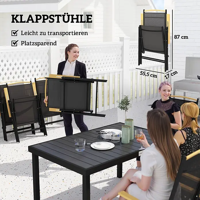 Outsunny Gartentisch-Set - Gesamtumfang: 7 -tlg., Aluminium, Kunststoff, Texteline, Klappbar - Schwarze Klappstühle mit Holzdetails, im Einsatz und gefaltet zum Transport/Lagern gezeigt (Maße gefaltet: 87x55.5x17 cm).