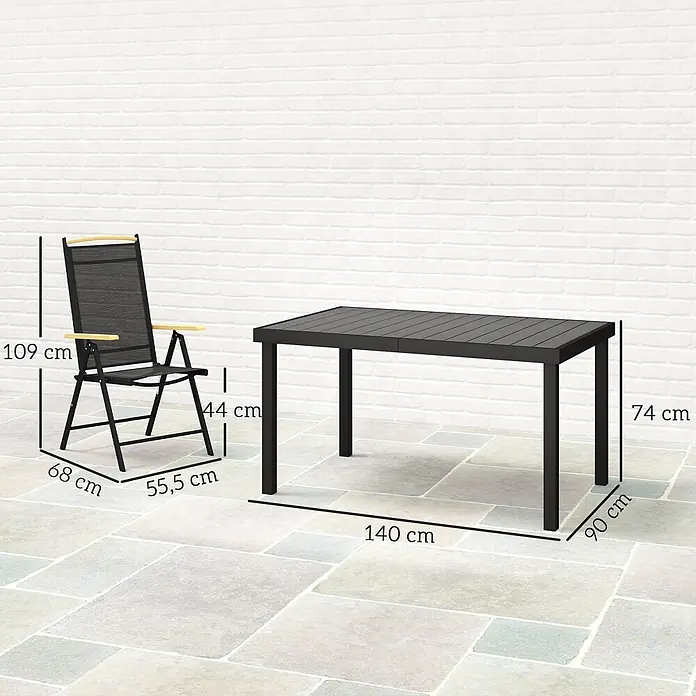Outsunny Gartentisch-Set - Gesamtumfang: 7 -tlg., Aluminium, Kunststoff, Texteline, Klappbar - Schwarzer Gartentisch mit Lattenrostplatte und passender Klappstuhl mit Netzbespannung und Holzarmlehnen, mit allen Maßen dargestellt.